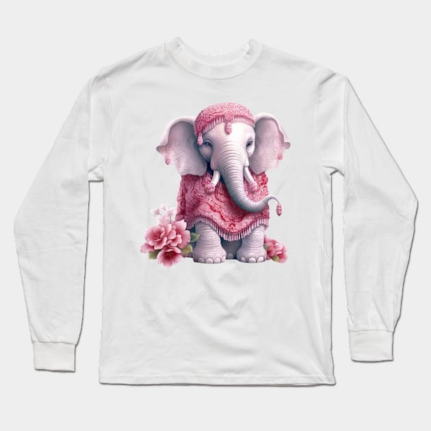 Pink Christmas Elephant Long Sleeve T-Shirt by Chromatic Fusion Studio